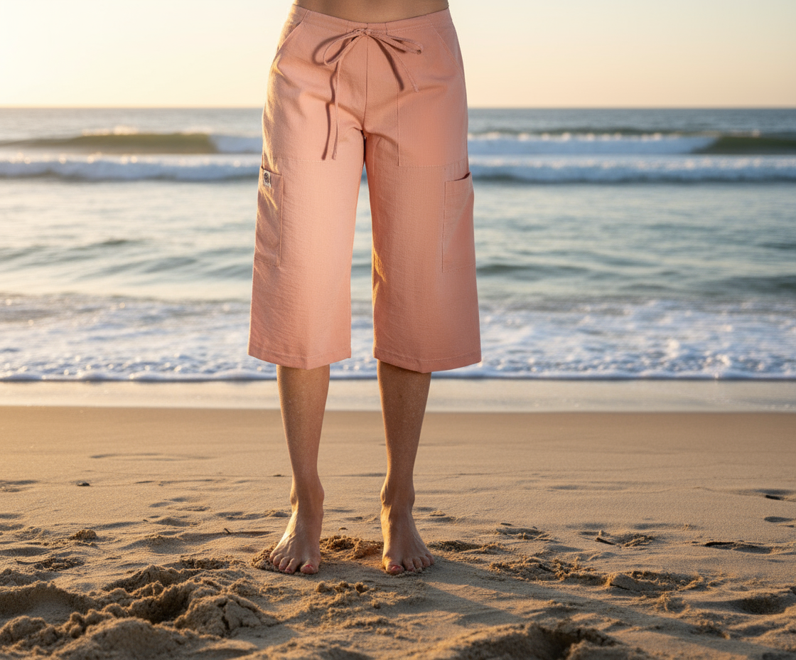 Person wearing peach-colored capri pants on a plain background