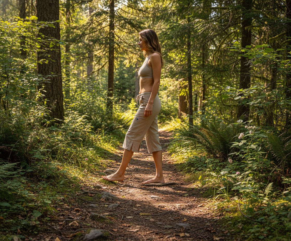 Beige capri pants worn by a person on a white background