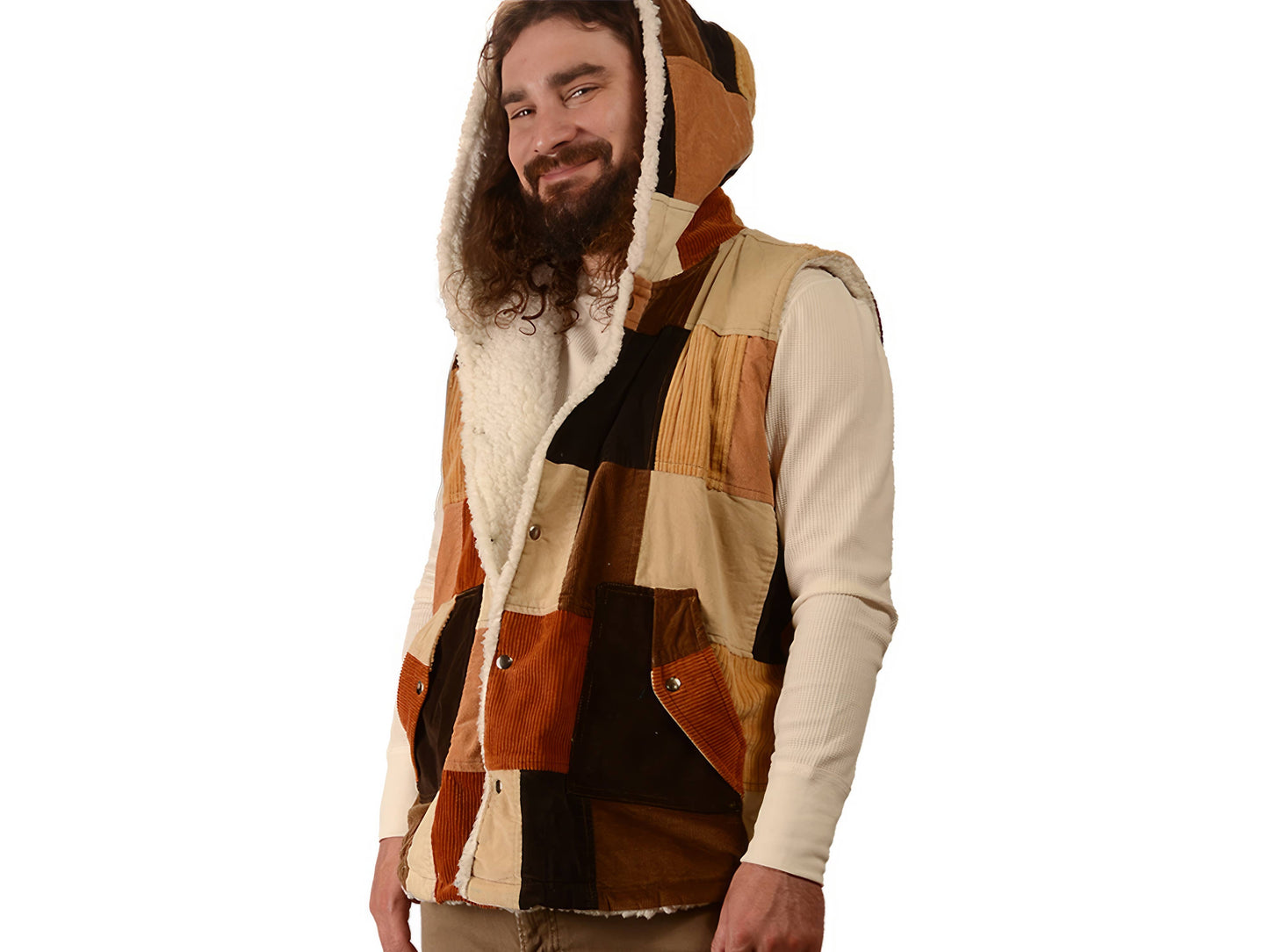 Patchwork Corduroy Sherpa Fleece Lined Hooded Vest
