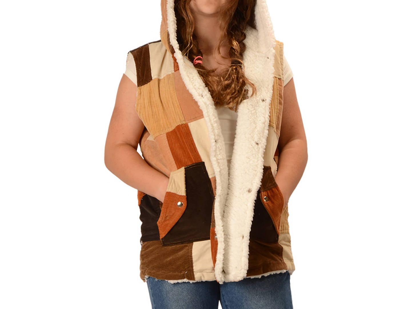 Patchwork Corduroy Sherpa Fleece Lined Hooded Vest